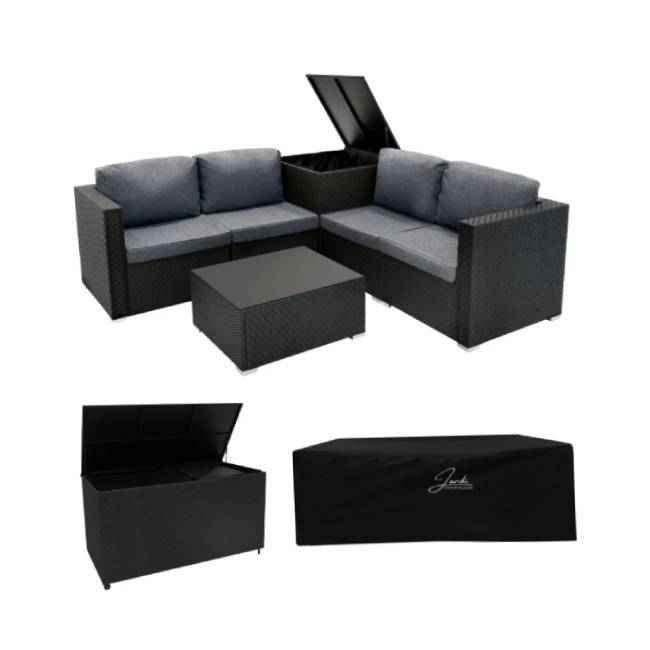 6 Piece Black Rattan Modular Garden Furniture Set with 700L Storage Box