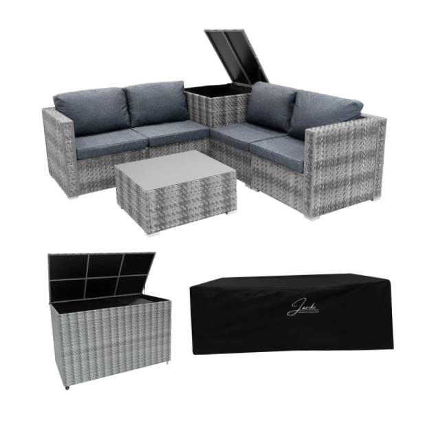 6 Piece Grey Rattan Modular Garden Furniture Set with 700L Storage Box & Glass Coffee Table