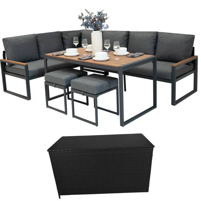 Wood Effect Aluminium Corner Sofa Set with Black Rattan Storage Box, Dining Table & 2 Stools