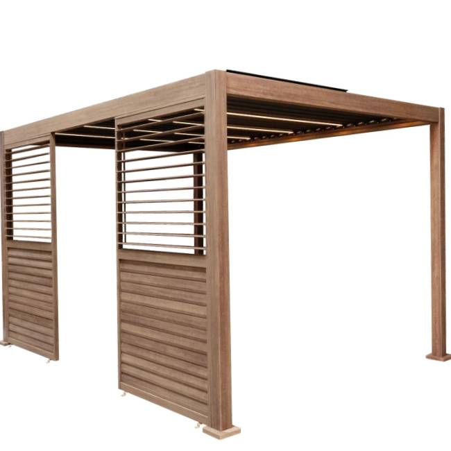 Wood Effect Aluminium Pergola with LED Lights & 2 Side Privacy Panels
