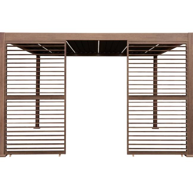 Wood Effect Aluminium Pergola with LED Lights & 2 Side Privacy Panels