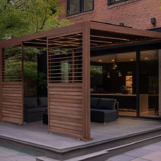 Wood Effect Aluminium Pergola with LED Lights & 2 Side Privacy Panels