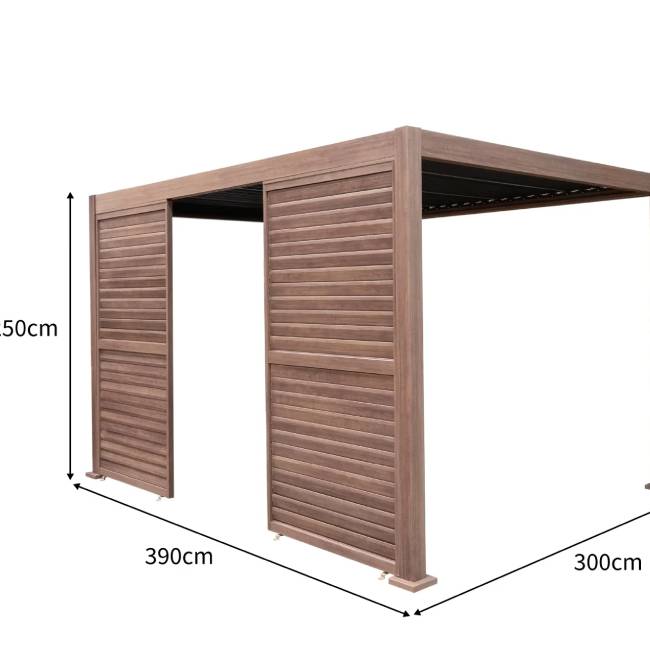 Wood Effect Aluminium Pergola with LED Lights & 2 Side Privacy Panels