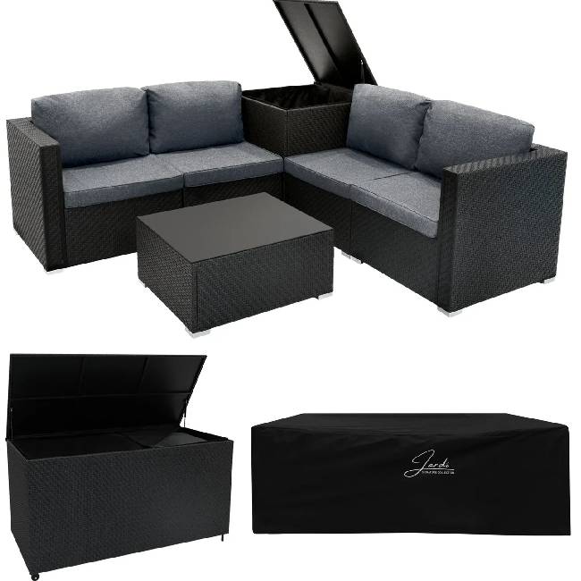 6 Piece Black Rattan Modular Garden Furniture Set with 996L Storage Box & Glass Coffee Table
