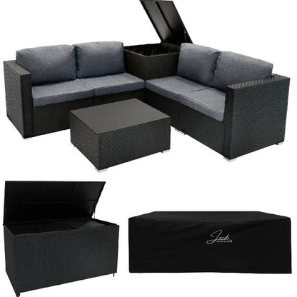 6 Piece Black Rattan Modular Garden Furniture Set with 996L Storage Box & Glass Coffee Table