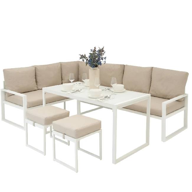 White Aluminium Corner Sofa Set with Black Rattan Storage Box, Dining Table & 2 Stools