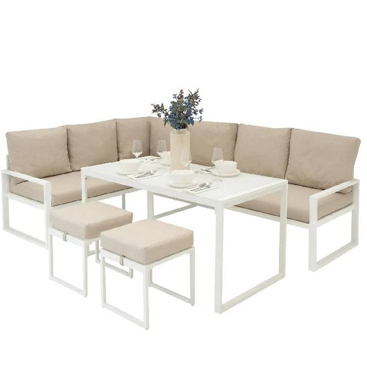 White Aluminium Corner Sofa Set with Black Rattan Storage Box, Dining Table & 2 Stools