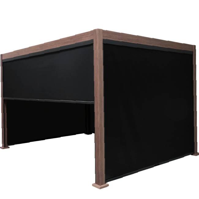 Wood Effect Aluminium Pergola with Privacy Blinds & Adjustable Louvre Roof