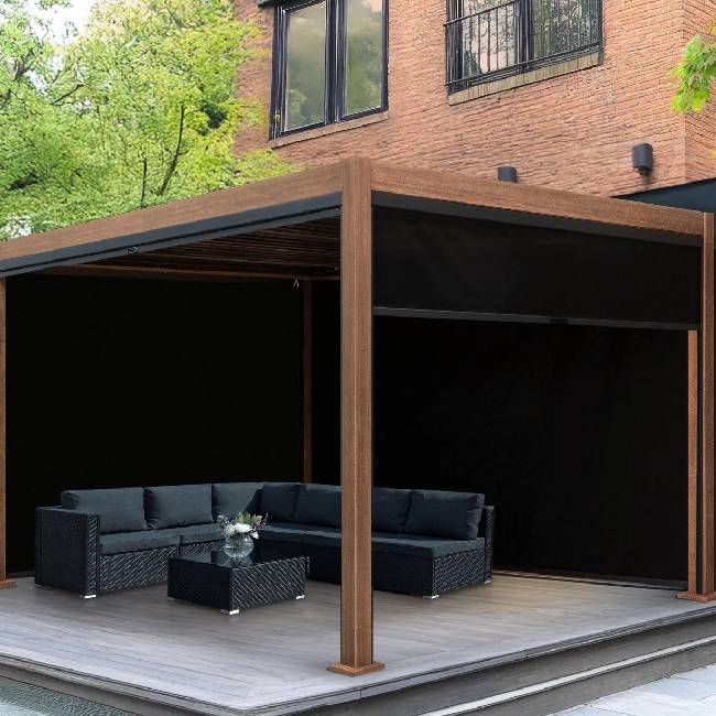 Wood Effect Aluminium Pergola with Privacy Blinds & Adjustable Louvre Roof