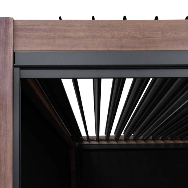 Wood Effect Aluminium Pergola with Privacy Blinds & Adjustable Louvre Roof