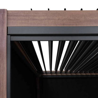 Wood Effect Aluminium Pergola with Privacy Blinds & Adjustable Louvre Roof