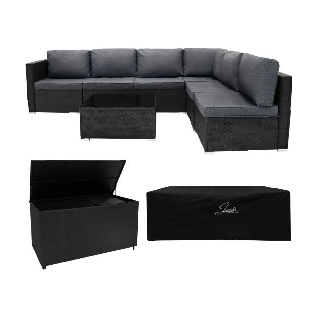 7 Piece Black Rattan Modular Garden Furniture Set with 996L Storage Box & Glass Coffee Table