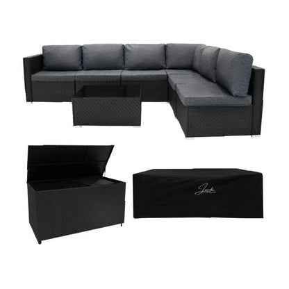 7 Piece Black Rattan Modular Garden Furniture Set with 996L Storage Box & Glass Coffee Table