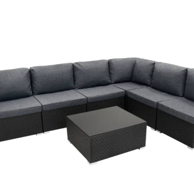 7 Piece Black Rattan Modular Garden Furniture Set with 996L Storage Box & Glass Coffee Table