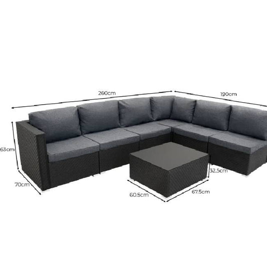7 Piece Black Rattan Modular Garden Furniture Set with 996L Storage Box & Glass Coffee Table