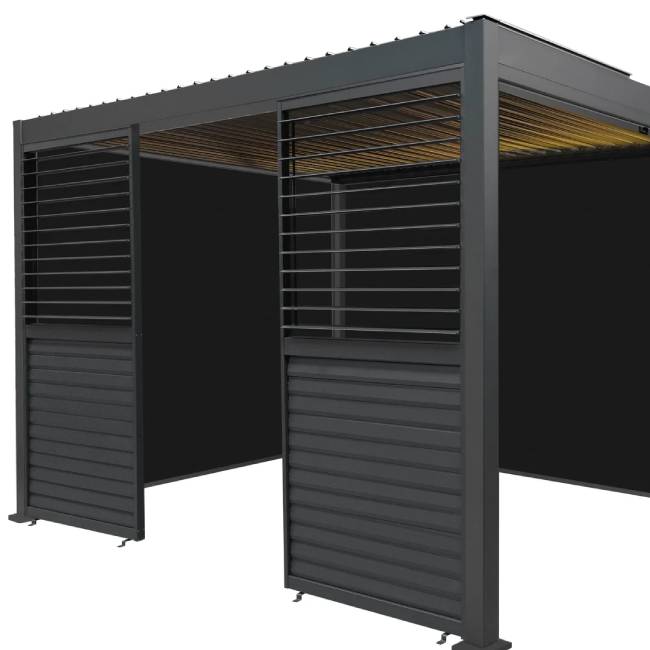 Anthracite Aluminium Pergola with LED Lights, Privacy Blinds & 2 Side Panels