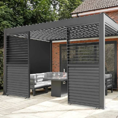 Anthracite Aluminium Pergola with LED Lights, Privacy Blinds & 2 Side Panels