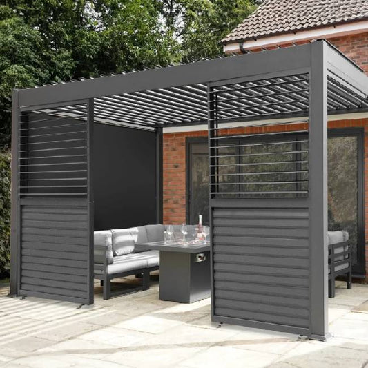 Anthracite Aluminium Pergola with LED Lights, Privacy Blinds & 2 Side Panels