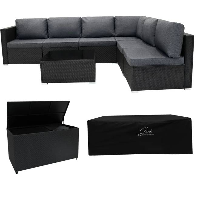 7 Piece Black Rattan Modular Garden Furniture Set with 700L Storage Box