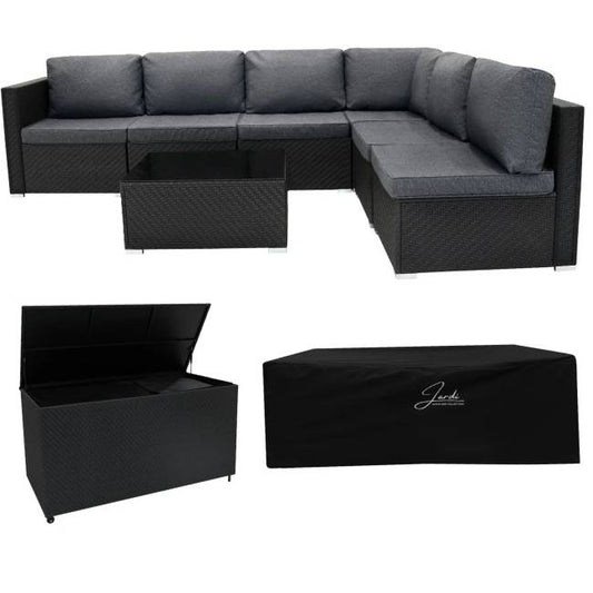7 Piece Black Rattan Modular Garden Furniture Set with 700L Storage Box