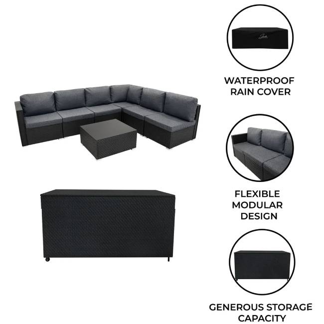 7 Piece Black Rattan Modular Garden Furniture Set with 700L Storage Box