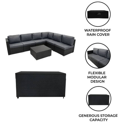 7 Piece Black Rattan Modular Garden Furniture Set with 700L Storage Box
