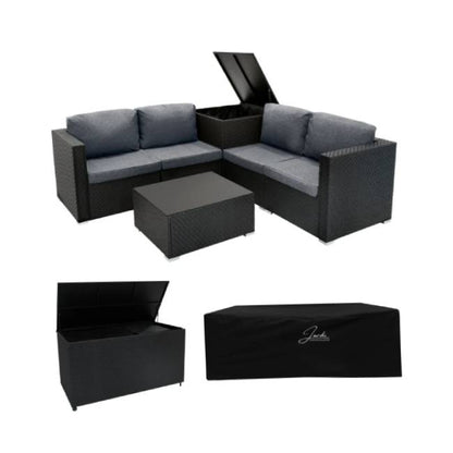 6 Piece Black Rattan Modular Garden Furniture Set with 700L Storage Box