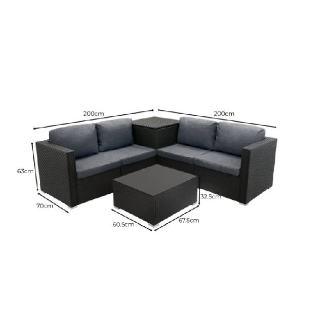 6 Piece Black Rattan Modular Garden Furniture Set with 700L Storage Box