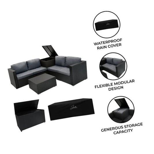 6 Piece Black Rattan Modular Garden Furniture Set with 700L Storage Box