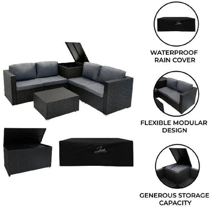 6 Piece Black Rattan Modular Garden Furniture Set with 996L Storage Box & Glass Coffee Table