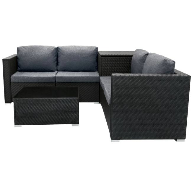 6 Piece Black Rattan Modular Garden Furniture Set with 996L Storage Box & Glass Coffee Table