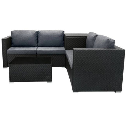 6 Piece Black Rattan Modular Garden Furniture Set with 996L Storage Box & Glass Coffee Table