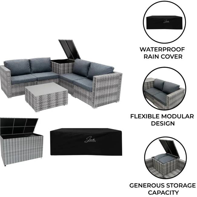 6 Piece Grey Rattan Modular Garden Furniture Set with 700L Storage Box & Glass Coffee Table