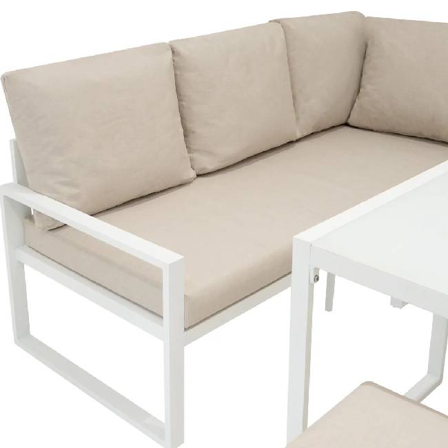 White Aluminium Corner Sofa Set with Black Rattan Storage Box, Dining Table & 2 Stools