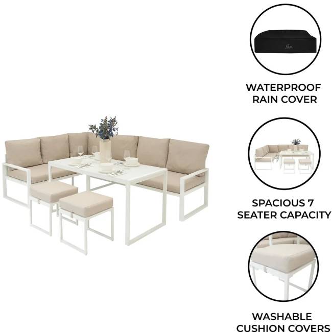 White Aluminium Corner Sofa Set with Black Rattan Storage Box, Dining Table & 2 Stools