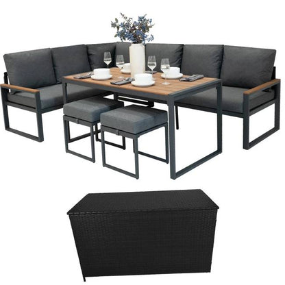 Wood Effect Aluminium Corner Sofa Set with Black Rattan Storage Box, Dining Table & 2 Stools