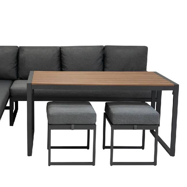 Wood Effect Aluminium Corner Sofa Set with Black Rattan Storage Box, Dining Table & 2 Stools