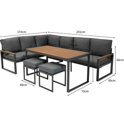 Wood Effect Aluminium Corner Sofa Set with Black Rattan Storage Box, Dining Table & 2 Stools