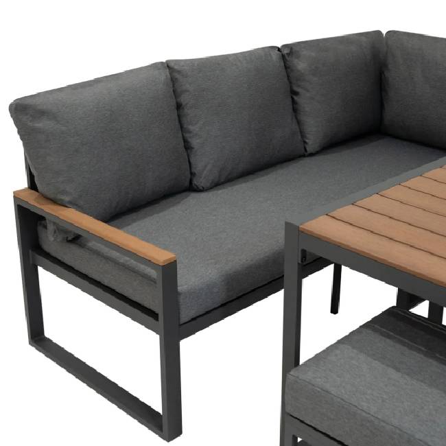 Wood Effect Aluminium Corner Sofa Set with Black Rattan Storage Box, Dining Table & 2 Stools