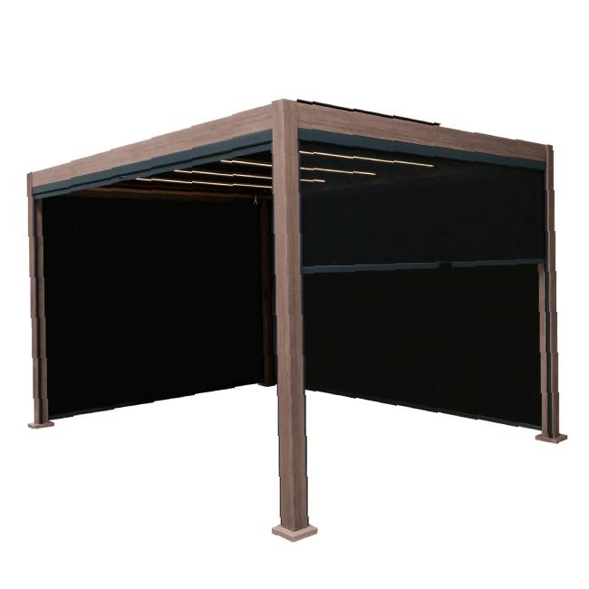 Wood Effect Aluminium Pergola with LED Lights & Blinds