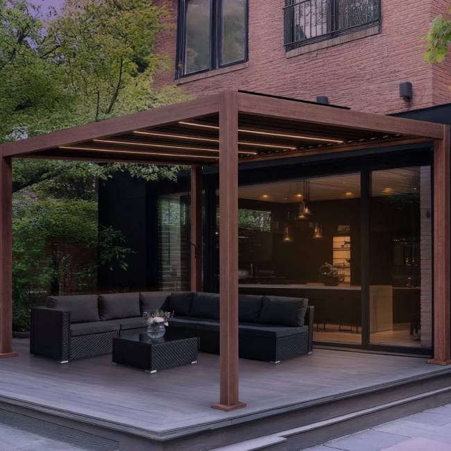 Wood Finish Aluminium Pergola with Integrated LED Lighting