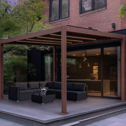 Wood Finish Aluminium Pergola with Integrated LED Lighting