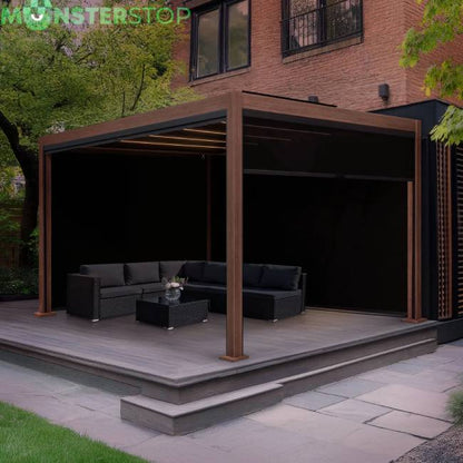 Wood Effect Aluminium Pergola with LED Lights & Blinds