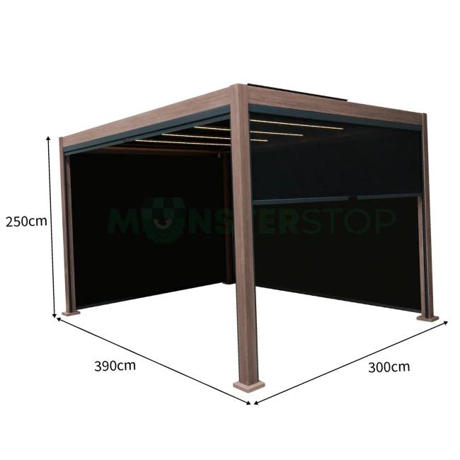Wood Effect Aluminium Pergola with LED Lights & Blinds