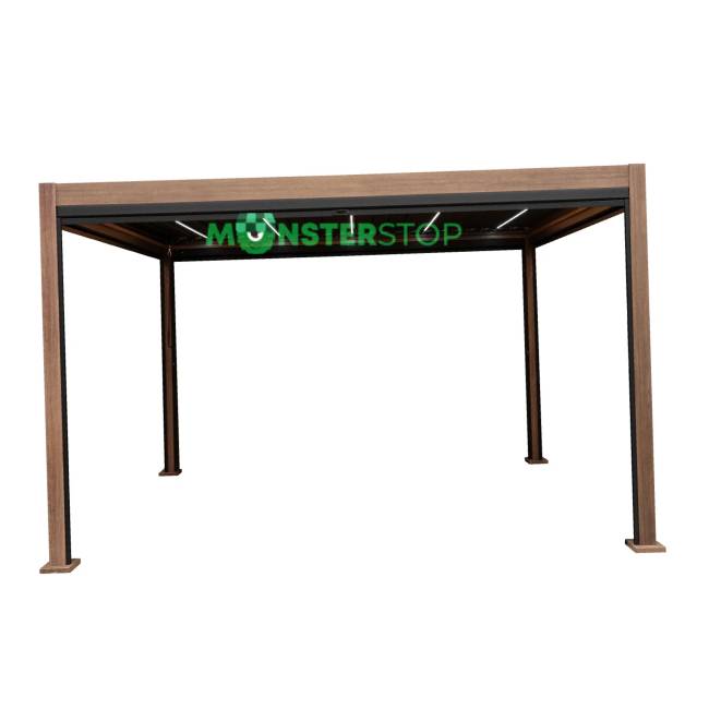 Wood Effect Aluminium Pergola with LED Lights & Blinds