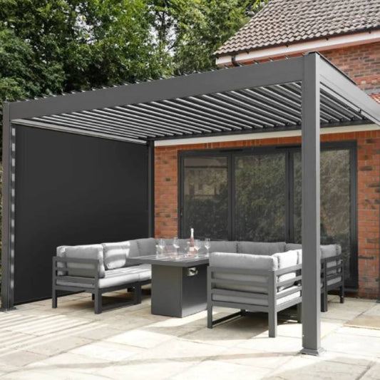 Aluminium Pergola with Anthracite Blinds, LED Lights & Adjustable Louvre Roof
