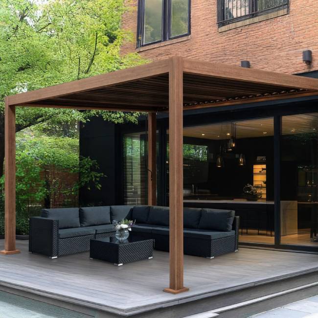 MonsterShop Wood Effect Aluminium Pergola with Adjustable Louvre Roof