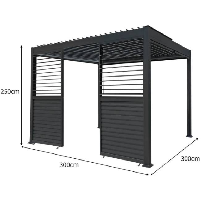 3m x 3m Anthracite Aluminium Pergola with Adjustable Roof, Blinds & 2 Shutter Panels