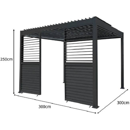 3m x 3m Anthracite Aluminium Pergola with Adjustable Roof, Blinds & 2 Shutter Panels