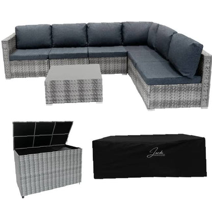 7 Piece Grey Rattan Modular Garden Furniture Set with 700L Storage Box & Glass Table